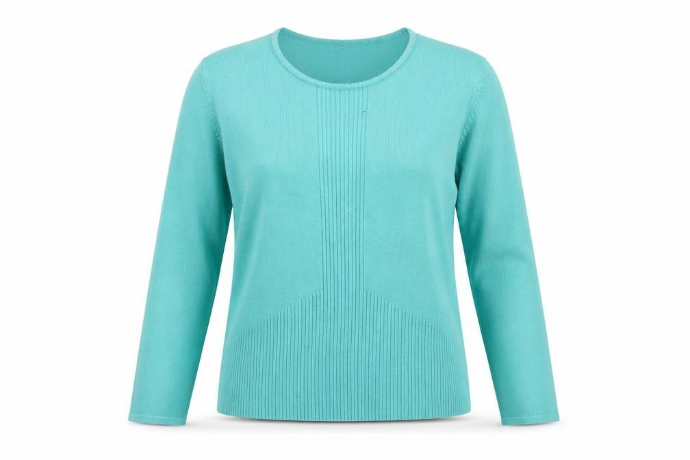 Front view of Klass women’s green boat neck acrylic jumper, size L
