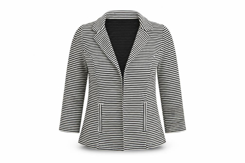 Front view of Papaya women’s black striped jacket blazer, size UK 14