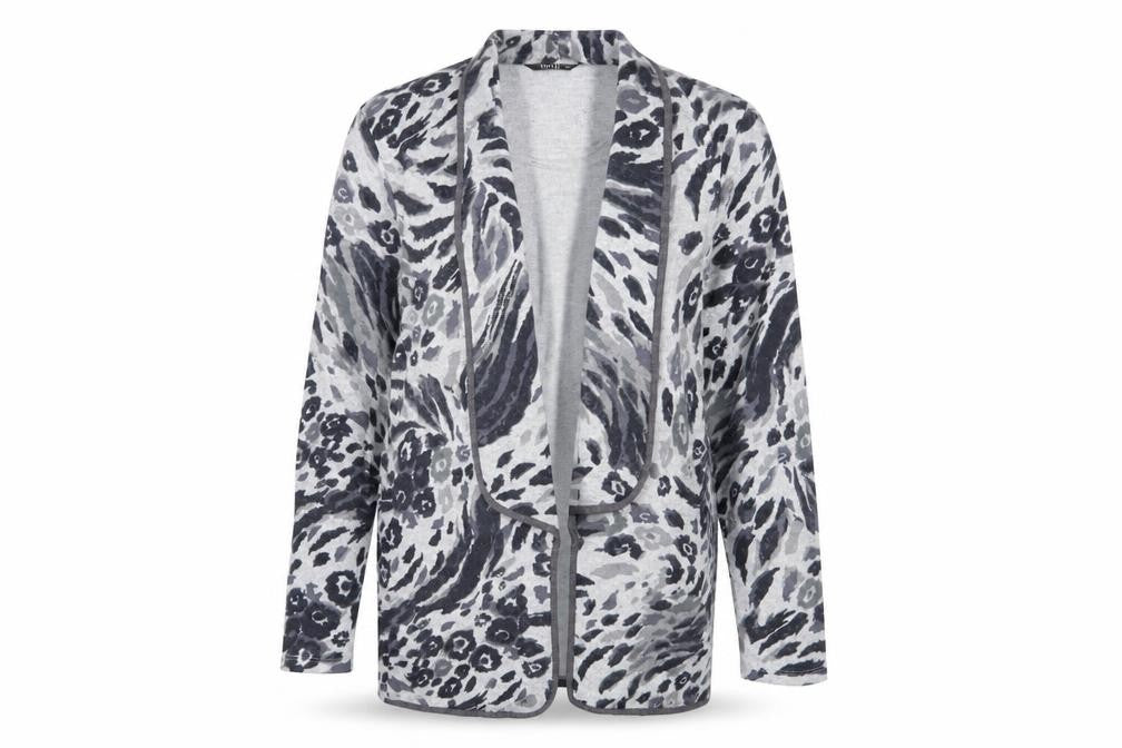 Front view of TIGI women’s grey boat neck animal print polyester jumper, size UK 14