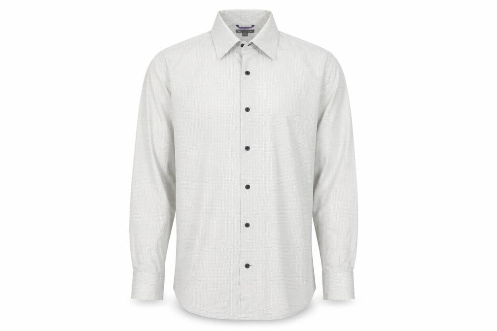 Front view of Gap men’s grey geometric cotton button-up, size L, collared button