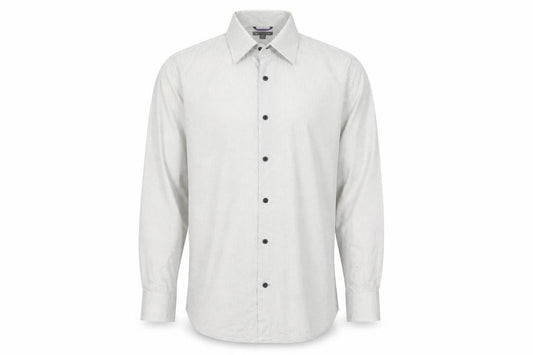 Front view of Gap men’s grey geometric cotton button-up, size L, collared button