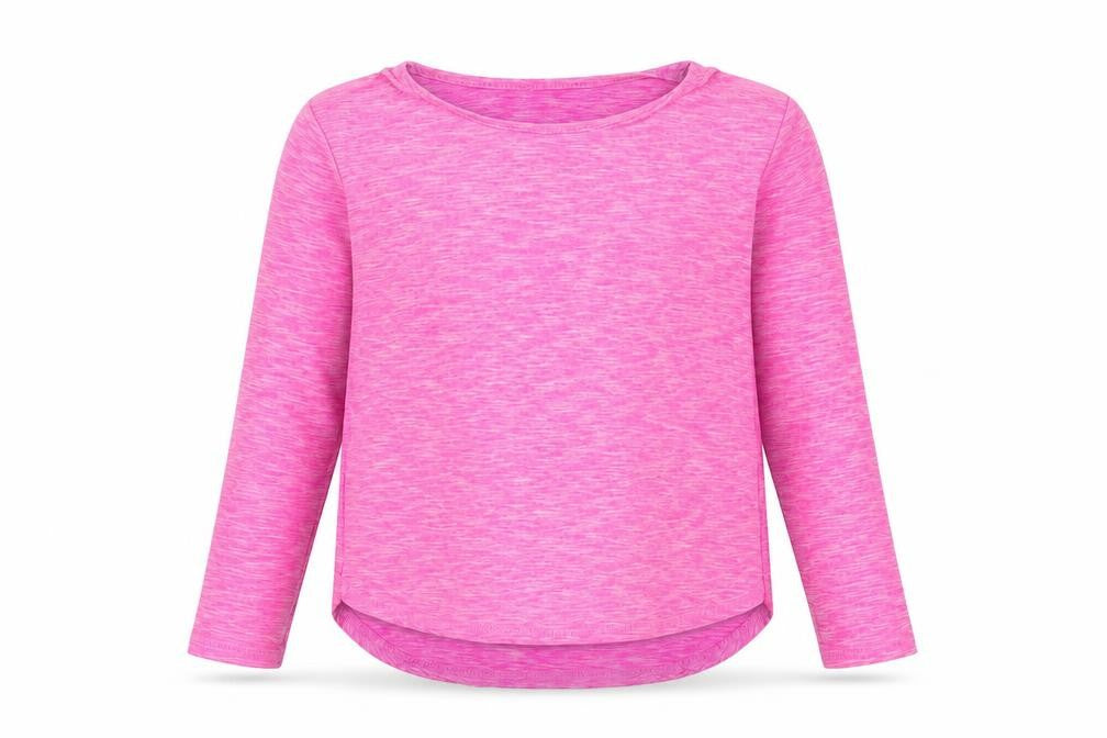Front view of Dunnes girls’ pink polyester basic t-shirt, size 8-9, years round neck
