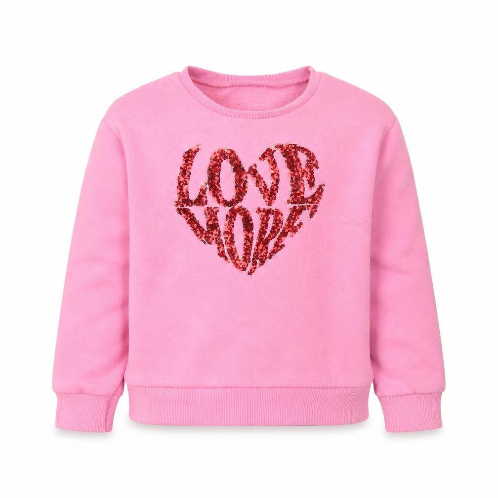 Front view of Dunnes girls’ pink cotton pullover sweatshirt, size 9, years - love