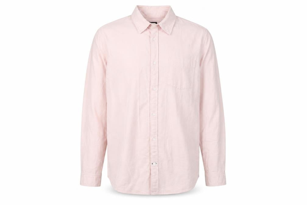 Front view of Gap men’s pink polyester button-up, size L, collared button