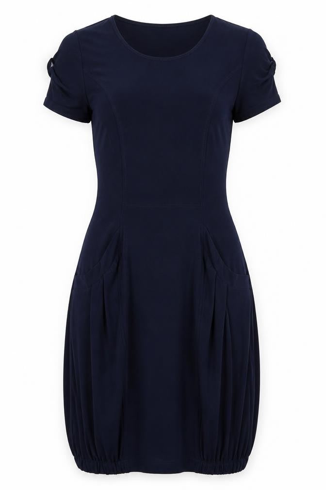 Front view of Nina Leonard women’s blue polyester bodycon, size M, round neck