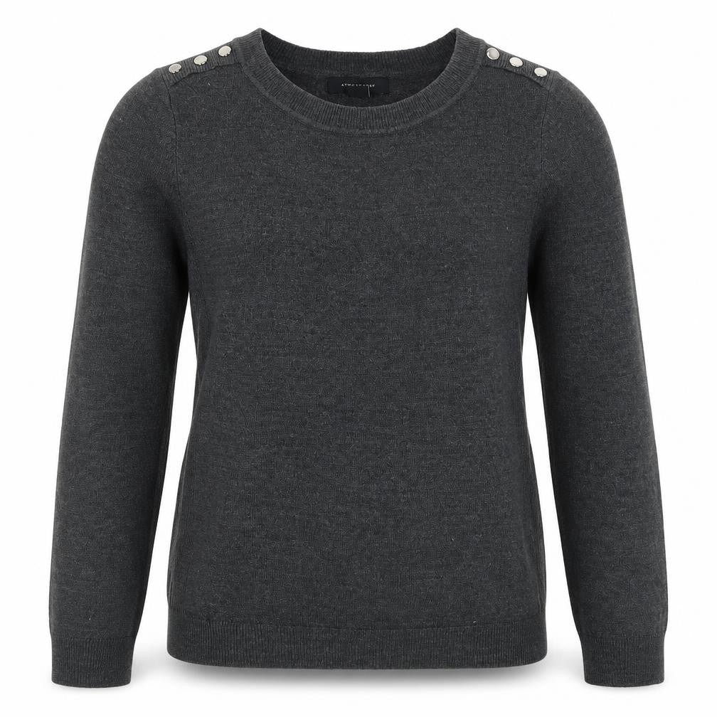 Front view of Primark women’s grey round neck acrylic jumper, size UK 8