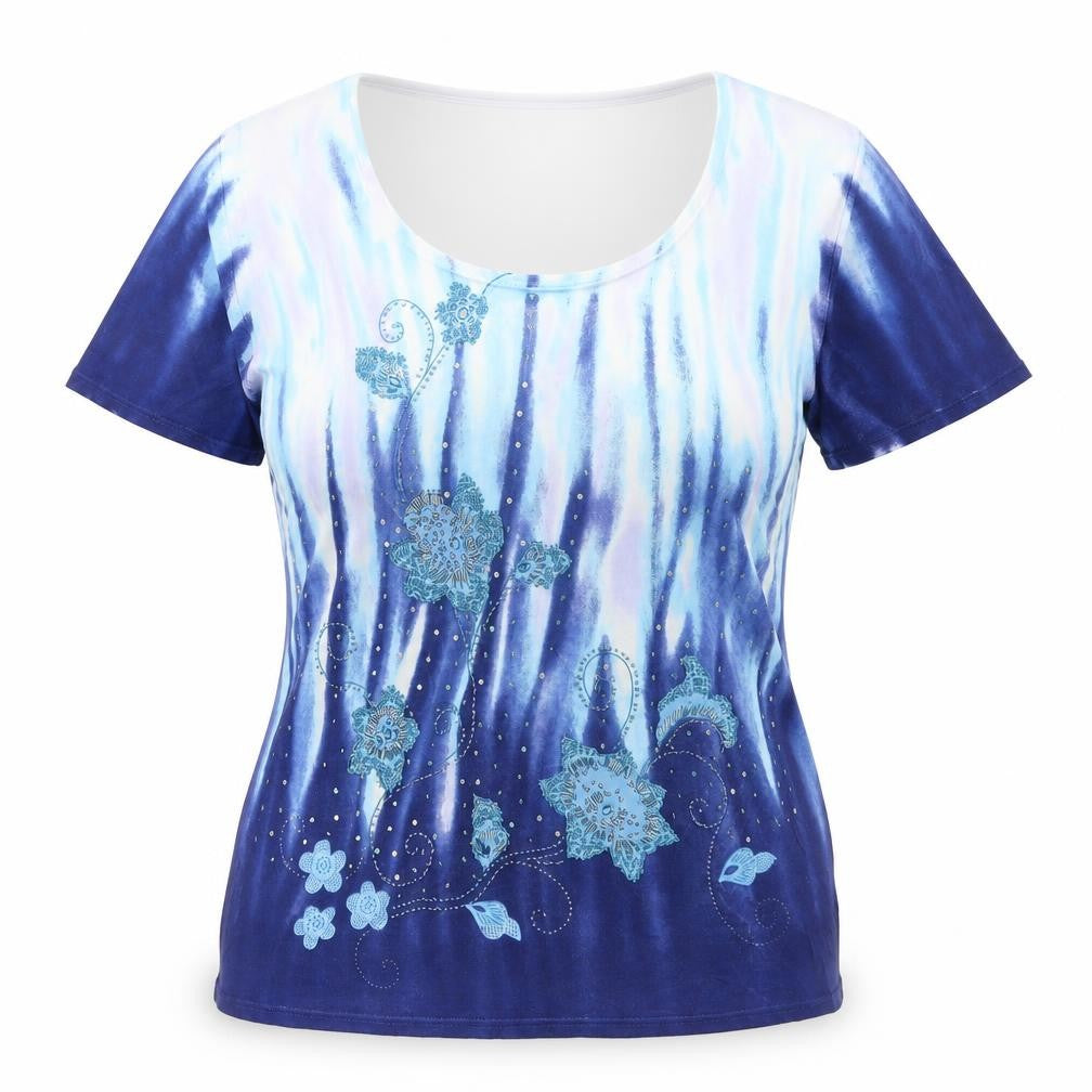 Front view of Shirel. B women’s blue nylon basic blouse, size XL, round neck