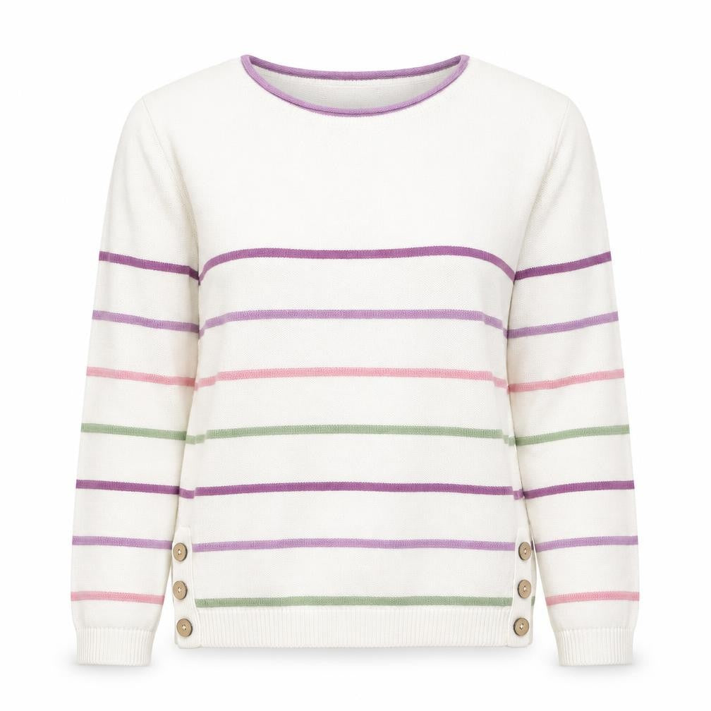 Front view of isle women’s multicoloured round neck striped cotton jumper, size S