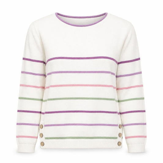 Front view of isle women’s multicoloured round neck striped cotton jumper, size S