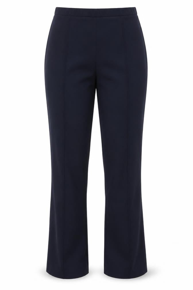 Front view of Preworn women’s blue polyester trousers, size UK 12, 29-inch leg regular