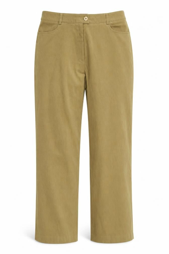 Front view of New Scene women’s brown polyester trousers, size UK 14, 30-inch leg regular zip