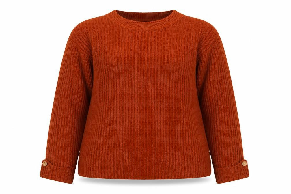 Front view of Damaet women’s orange round neck acrylic jumper, size UK 10
