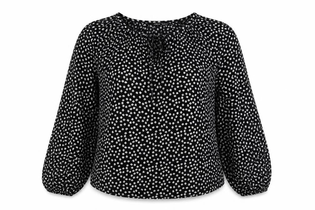 Front view of SHEIN women’s black floral polyester basic blouse, size M, round neck