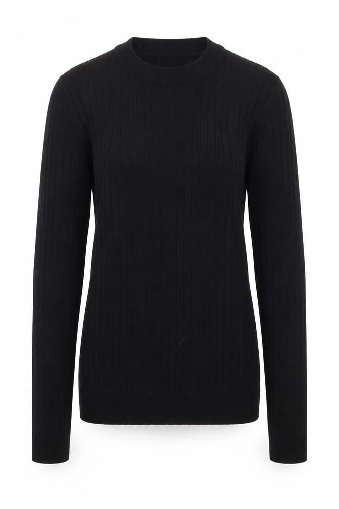 Front view of New Look women’s black crew neck viscose jumper, size UK 10