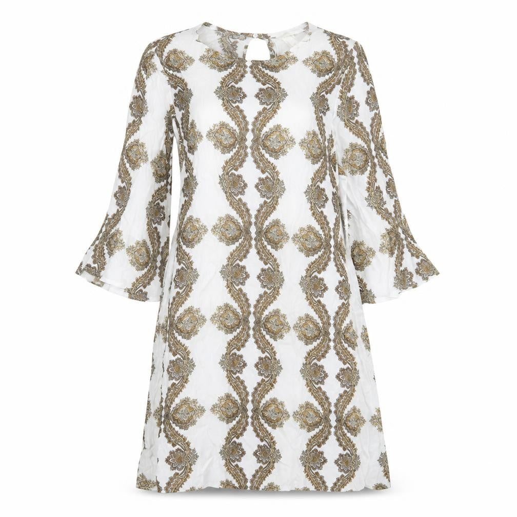 Front view of H&M women’s white geometric viscose a-line, size UK 8, crew neck button