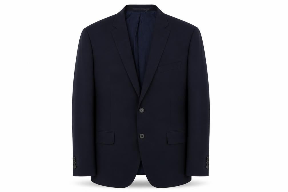 Front view of Racing Green men’s blue polyester jacket suit jacket, size 44