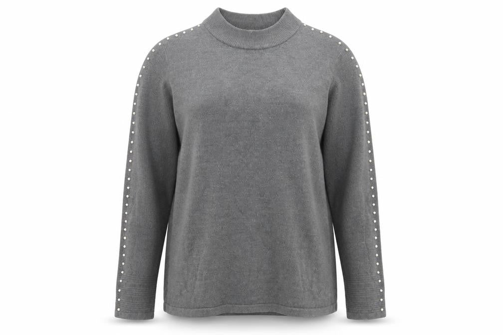 Front view of Classics women’s grey crew neck acrylic jumper, size UK 14