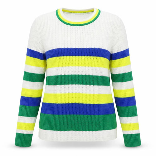 Stradivarius Womens White Crew Neck Striped Cotton Shrug Jumper Size M   - Green and Yellow