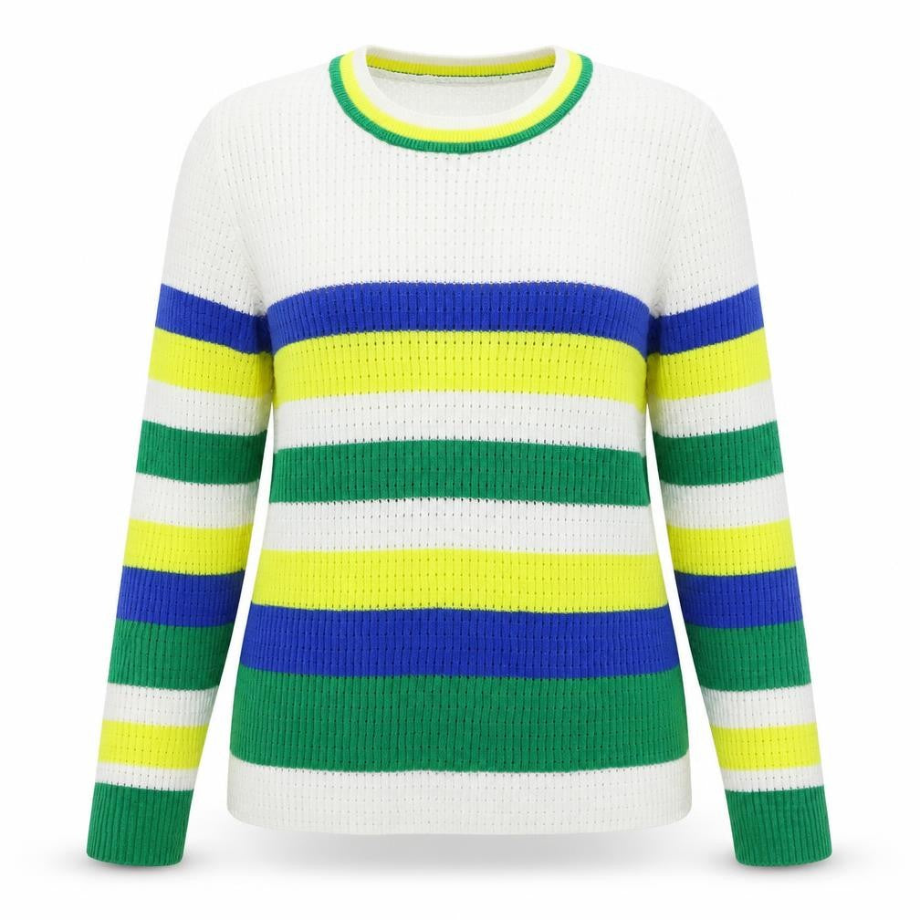 Stradivarius Womens White Crew Neck Striped Cotton Shrug Jumper Size M   - Green and Yellow