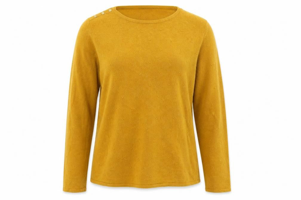 Front view of Bonmarché women’s yellow scoop neck acrylic jumper, size UK 14