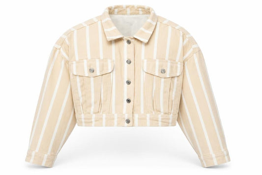 Front view of Missguided women’s beige striped jacket coat, size UK 8, button
