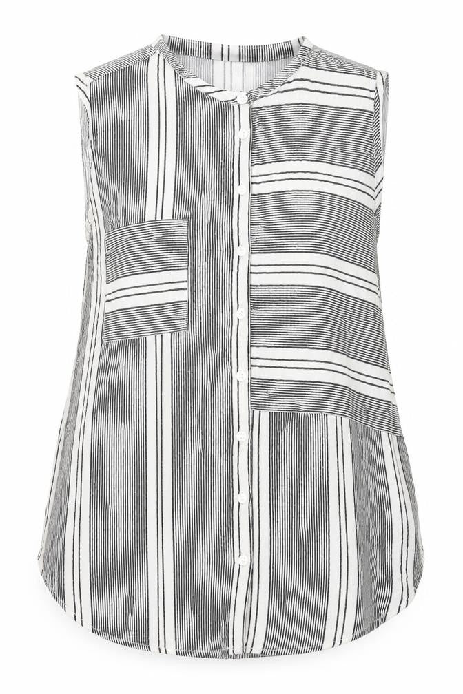 Front view of Atmosphere women’s black striped viscose basic button-up, size UK 16, roll neck