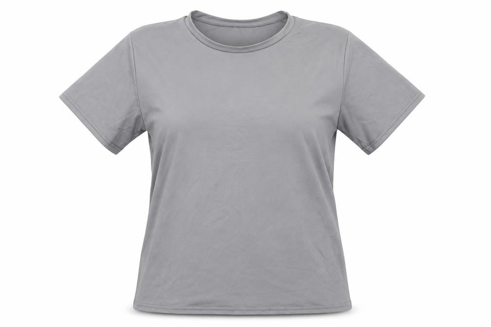 Front view of women’s grey polyamide basic t-shirt, size XL, scoop neck pullover