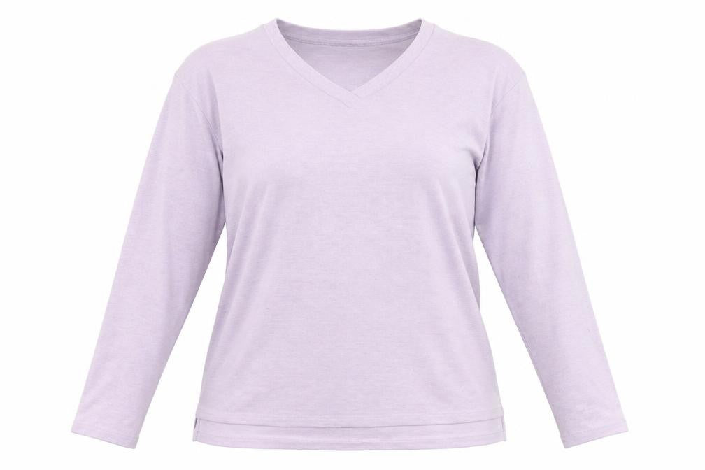 Front view of Dunnes women’s purple v-neck polyester jumper, size M