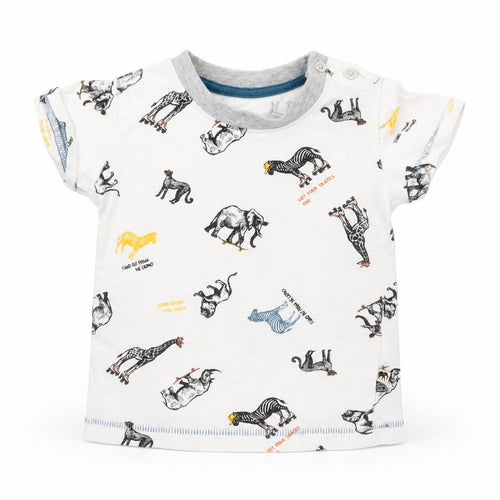 Matalan Baby White Geometric Cotton Basic T-Shirt Size 3-6 Months Roll Neck Pullover - zoo animals