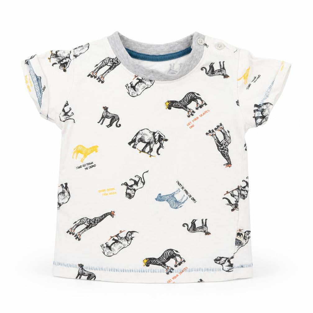 Matalan Baby White Geometric Cotton Basic T-Shirt Size 3-6 Months Roll Neck Pullover - zoo animals