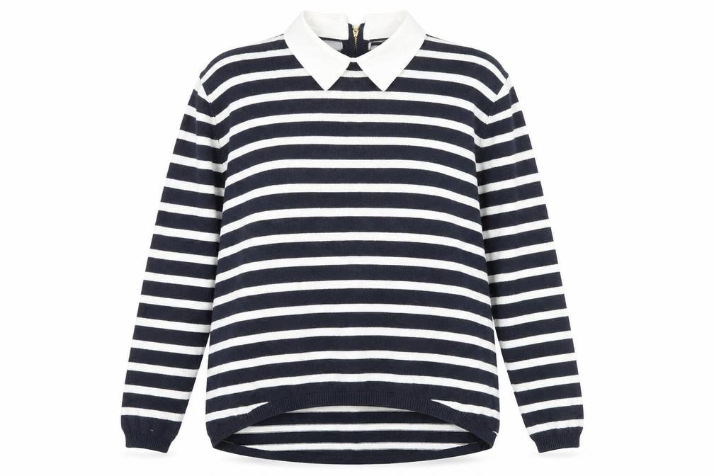 Front view of Atmosphere women’s blue collared striped viscose jumper, size UK 12
