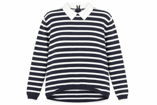 Front view of Atmosphere women’s blue collared striped viscose jumper, size UK 12