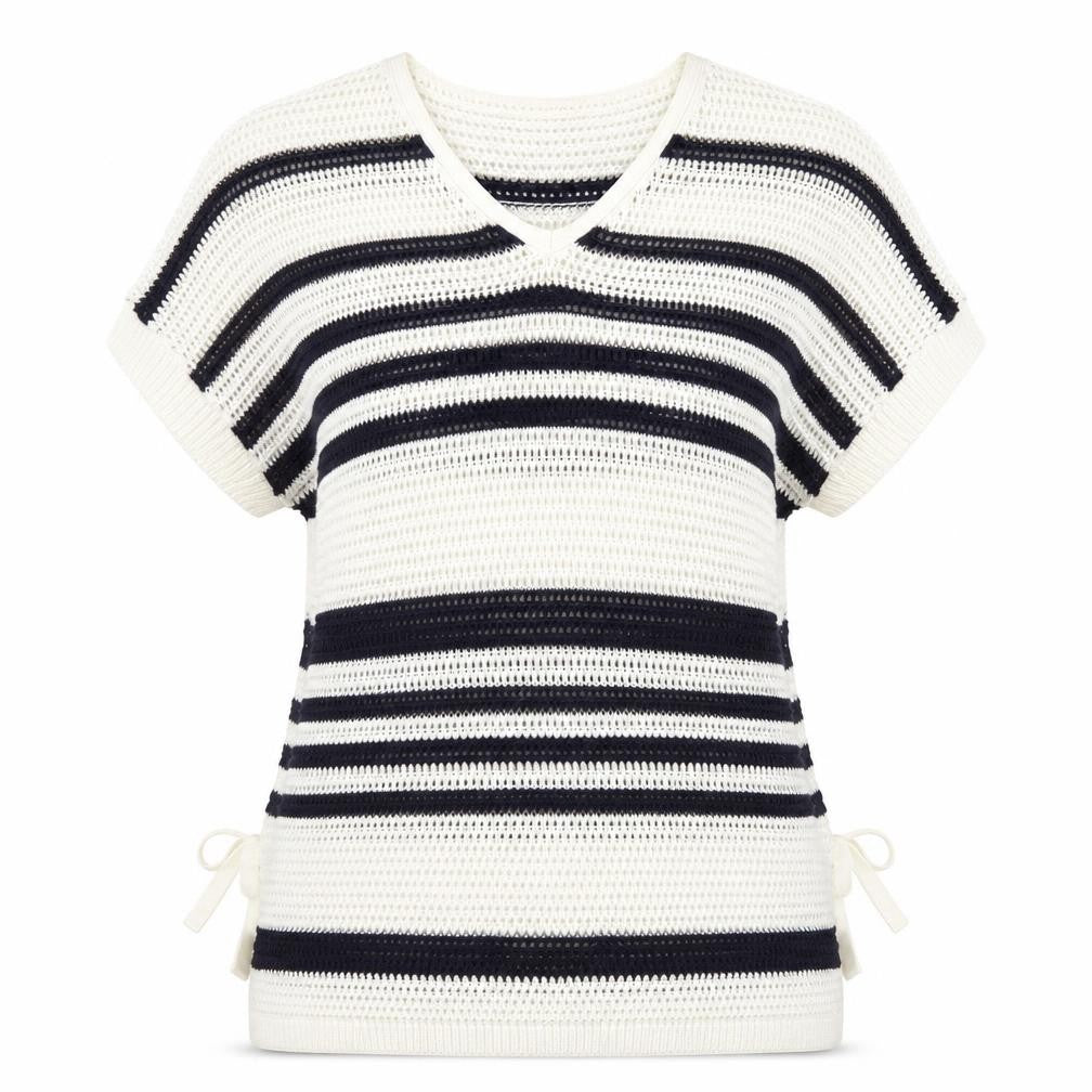 Front view of F&F women’s blue v-neck striped acrylic jumper, size UK 12