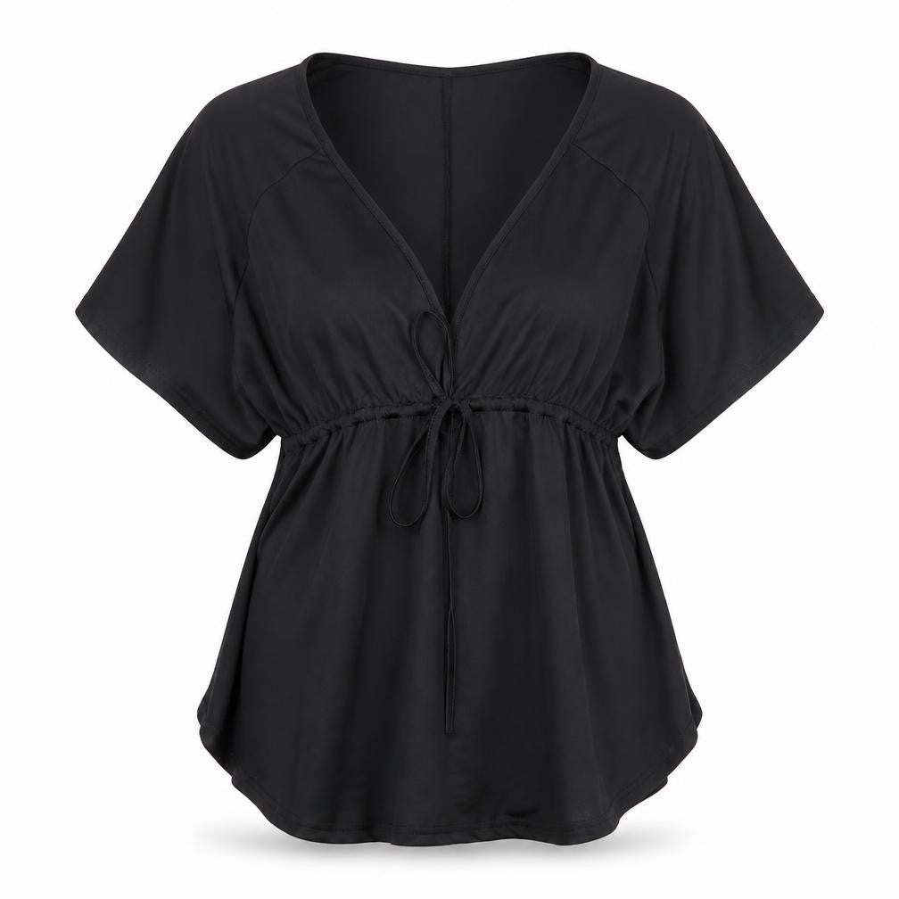 Front view of Zanzea women’s black polyester basic blouse, size UK 10, v-neck