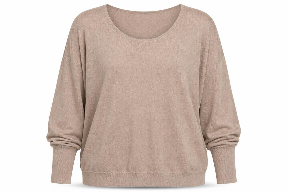 Front view of Topshop women’s pink round neck cotton jumper, size UK 10