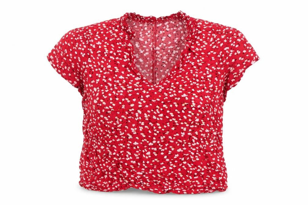 SHEIN Womens Red Geometric Cotton Basic Blouse Size S V-Neck