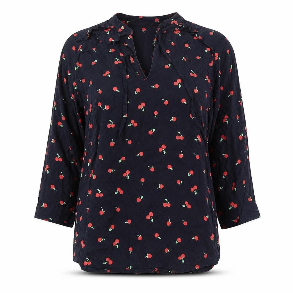 Front view of Marks & Spencer women’s black geometric viscose basic blouse, size UK 8, round neck - cherries