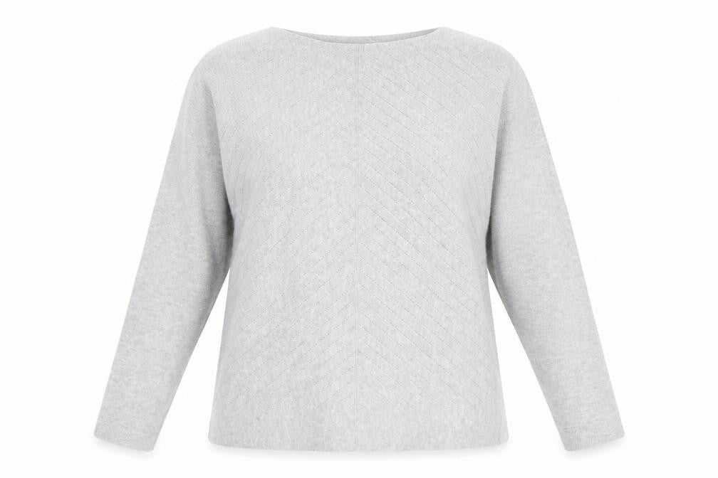 Front view of Dunnes women’s grey boat neck polyester jumper, size M