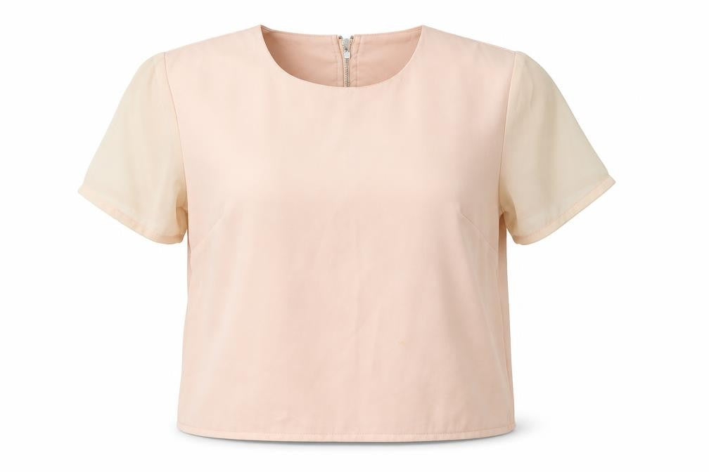 Front view of Missguided women’s beige polyester cropped t-shirt, size UK 6, round neck