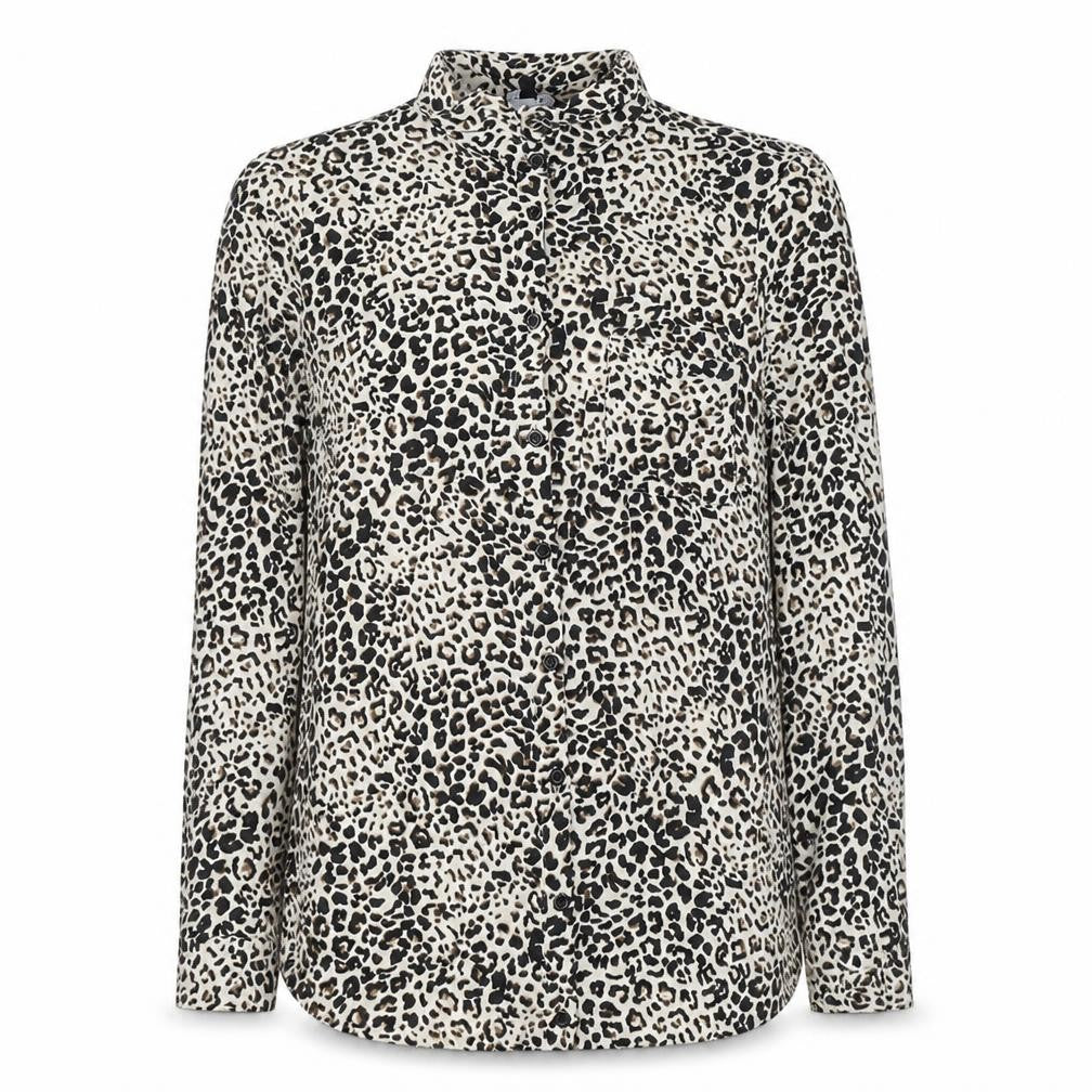 Front view of New Look women’s beige animal print viscose basic button-up, size UK 10, collared