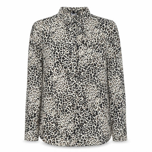 Front view of New Look women’s beige animal print viscose basic button-up, size UK 10, collared