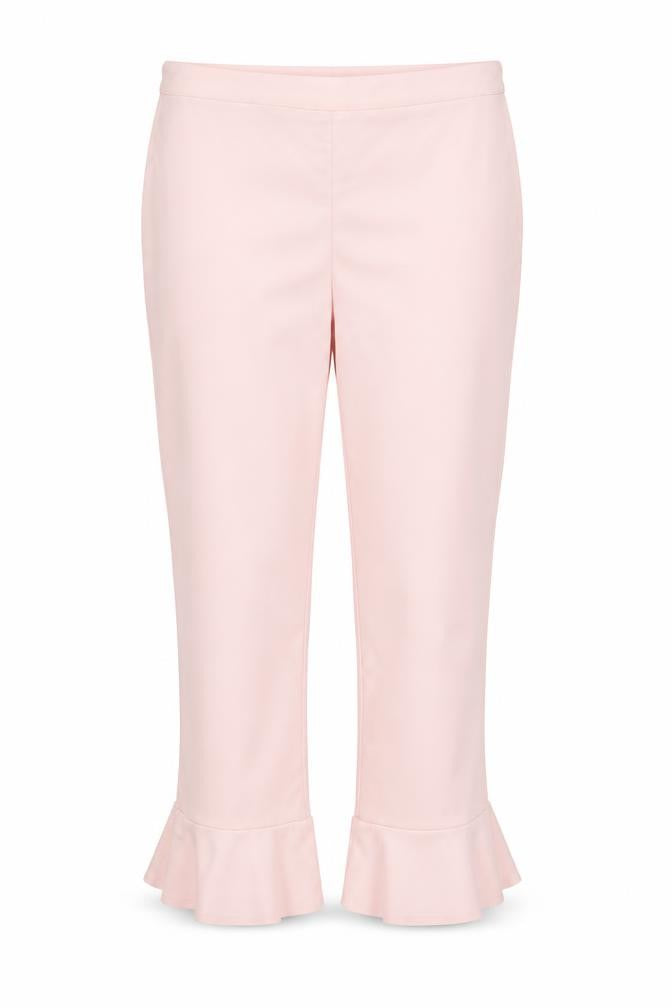 Front view of Stradivarius women’s pink polyester cropped trousers, size UK 12, 25-inch leg regular button