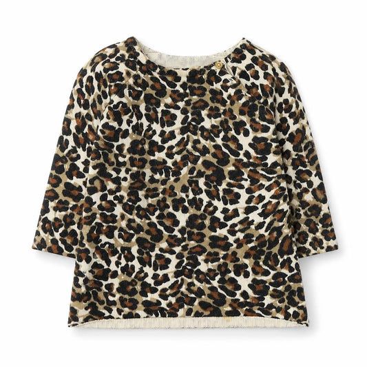 Front view of Old Navy girls’ beige animal print cotton tunic jumper, size 12-18, months pullover