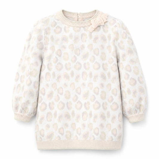 Front view of Cynthia Rowley girls’ ivory animal print cotton tunic jumper, size 12-18, months pullover
