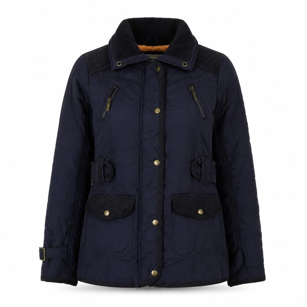 Front view of Brave Soul women’s blue quilted coat, size UK 8