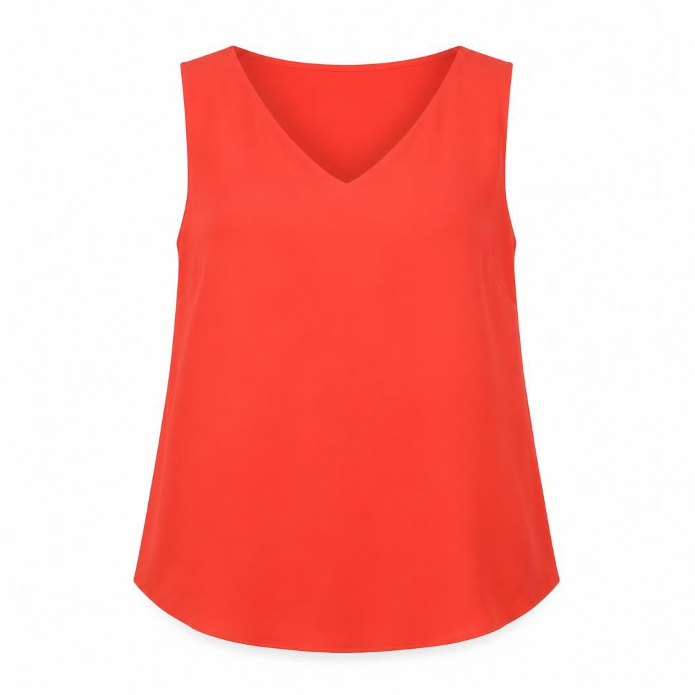 Front view of Dunnes women’s red polyester basic blouse, size UK 10, v-neck