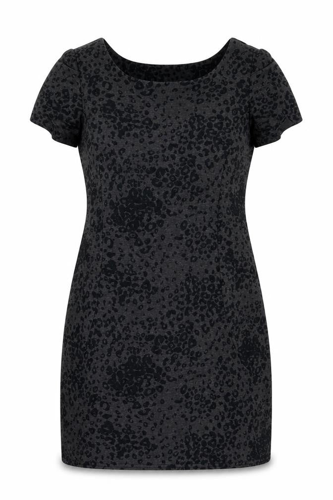 Front view of Peacocks women’s grey animal print polyester shift, size UK 14, boat neck pullover