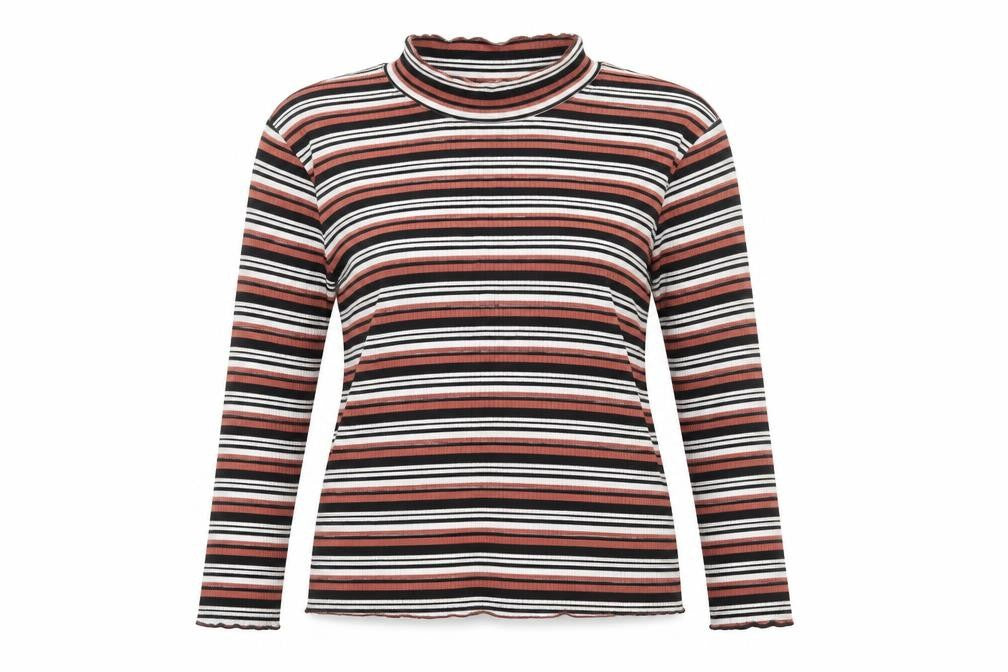 Front view of Glamorous women’s multicoloured striped polyester jersey t-shirt, size UK 10, high neck