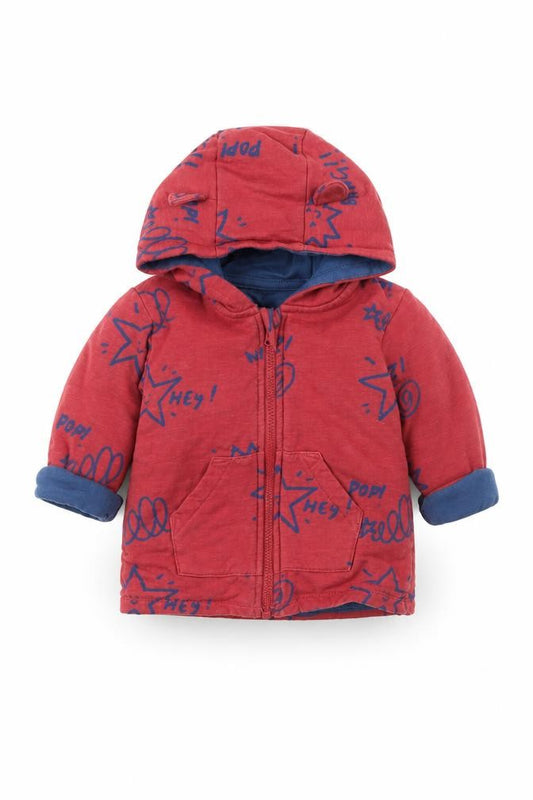 Front view of Marks & Spencer` boys’ red geometric cotton full zip jumper, size 3-6, months zip