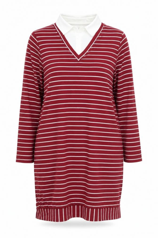 Front view of Tofisa women’s red striped viscose shirt dress, size UK 16, collared pullover